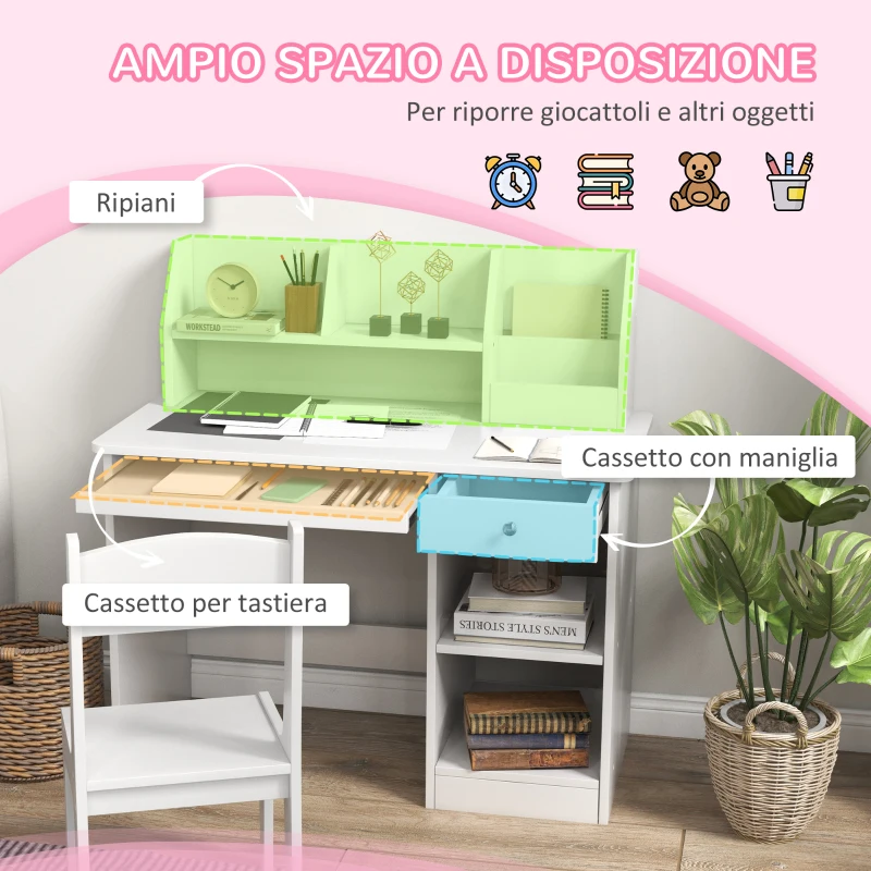 ZONEKIZ Banco Scuola e Sedia per Bambini da 5-8 Anni con Scaffale e Mensola Estraibile in Legno Bianco