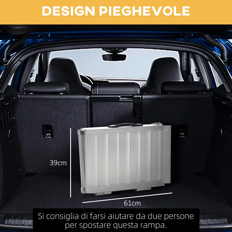 HOMCOM Rampa per Sedia a Rotelle Pieghevole con Guide Laterali, in Lega di Alluminio, 61x72 cm, Argento e Nero