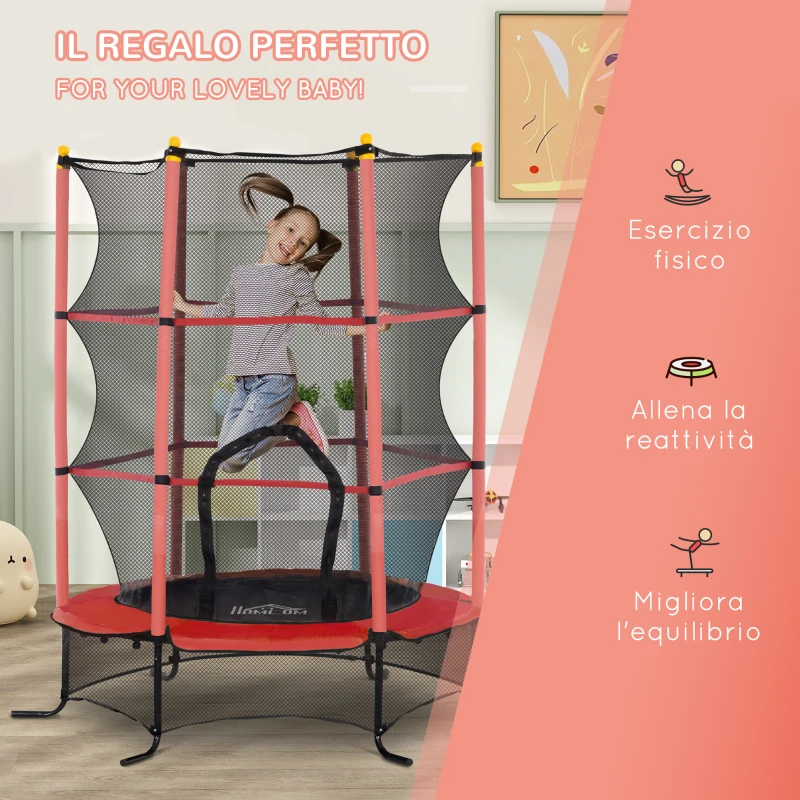 HOMCOM Trampolino Elastico per Bambini Ø1.6x1.9 m con Rete di Sicurezza e Pali Imbottiti, Età 3-10 Anni, Rosso