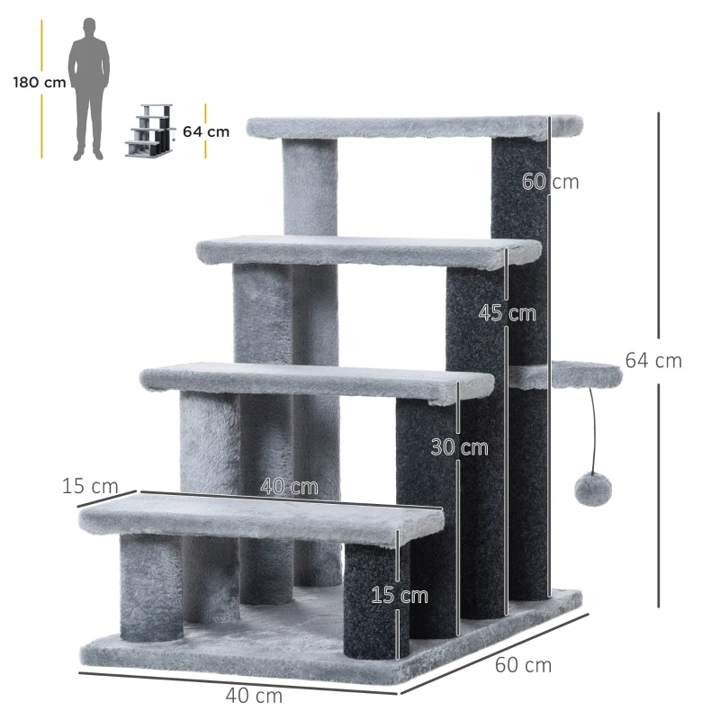 PawHut Escalera para Gatos con 4 Niveles Plataforma Poste Rascador y Bola Colgante de Juguete 60x40x64 cm Gris