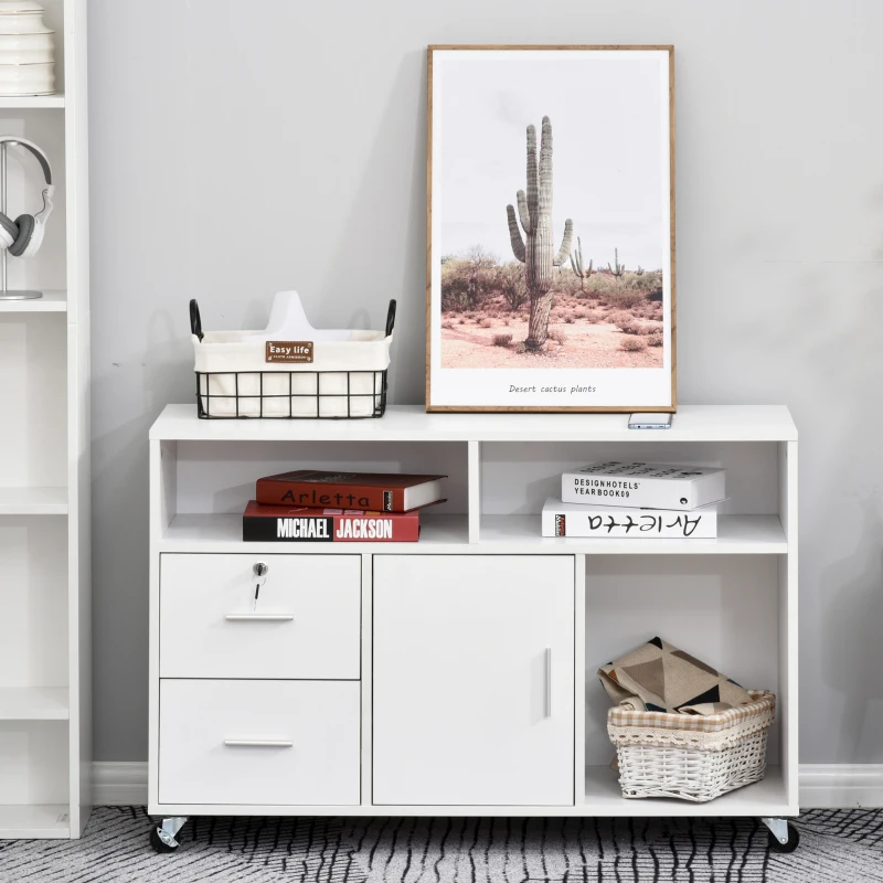 HOMCOM Mobile File Cabinet for Home Office, Lateral Filing Cabinet, Printer Stand with Open Shelves, Lockable Drawer,100cm x 35cm x 65cm, White