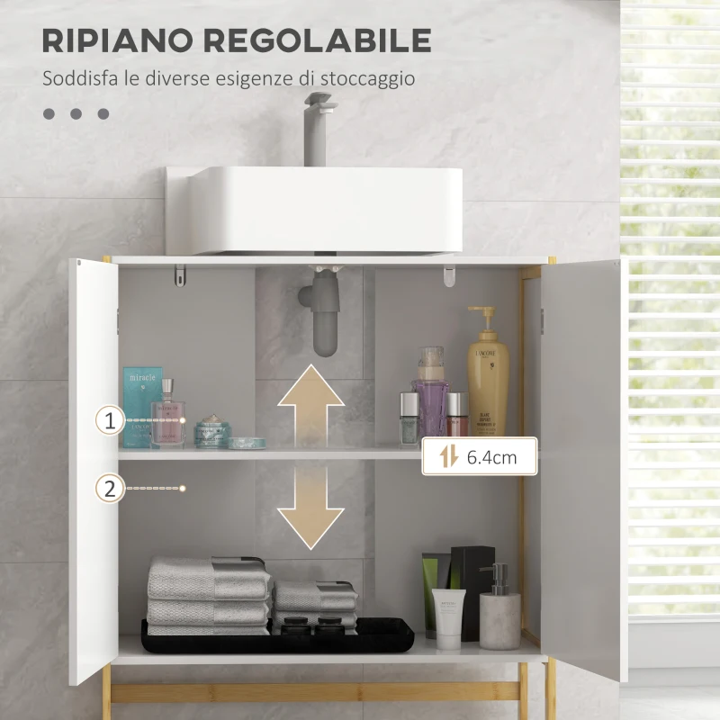 HOMCOM Mobile Sottolavabo Bagno con 2 Ante a Pressione in Bambù e MDF con Intaglio a U, 70x33x79.5cm, Bianco