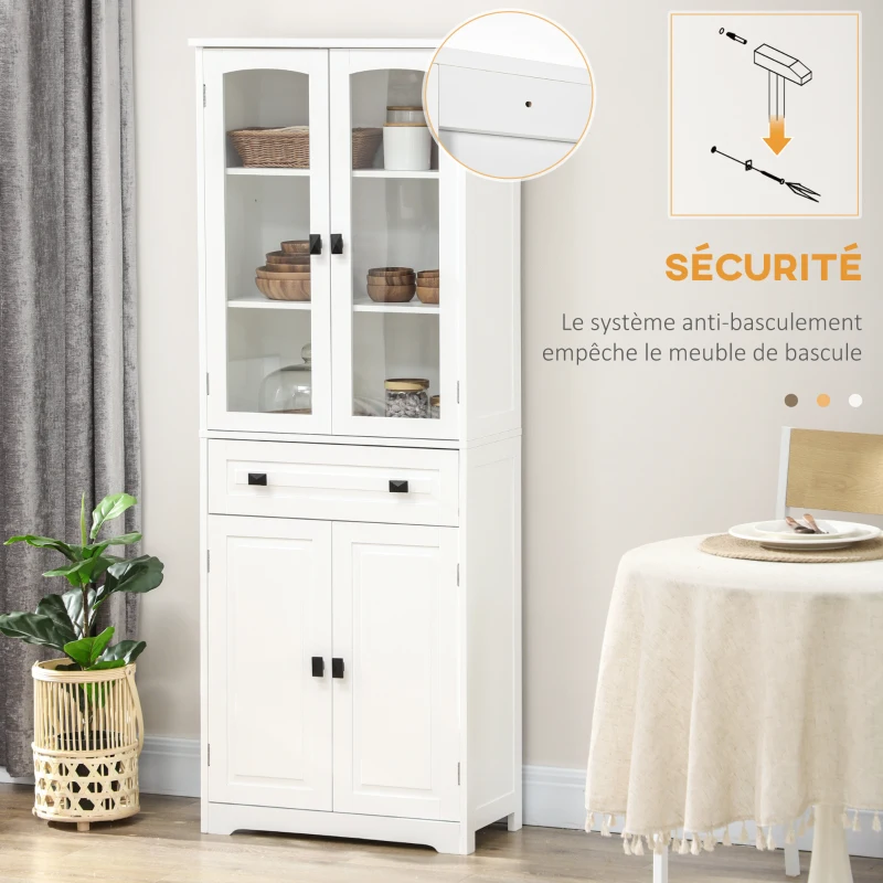 HOMCOM Buffet haut armoire de cuisine 4 portes dont 2 portes vitrées et 1 tiroir hauteur 160 cm avec étagères en bois blanc