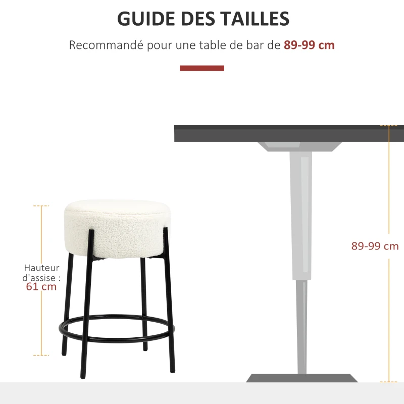 HOMCOM Lot de 2 tabourets de bar avec repose-pieds acier et revêtement effet laine bouclée hauteur 62 cm blanc et noir