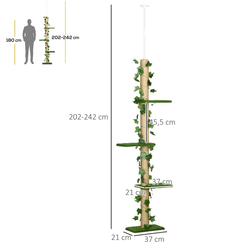 PawHut Arbre à chat poteau à griffer fixation plafond hauteur réglable 37 x 21 x 202- 242 cm 4 niveaux vert