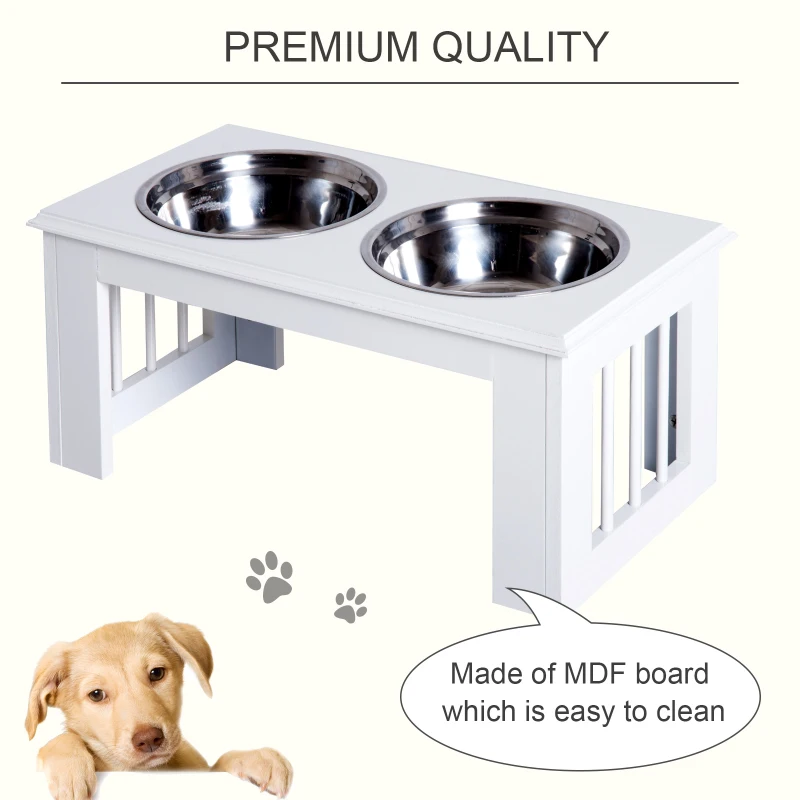 PawHut Raised Dog Feeding Bowls with Stand, Stainless Steel for Medium Dog, 58L x 31W x 25H cm - White