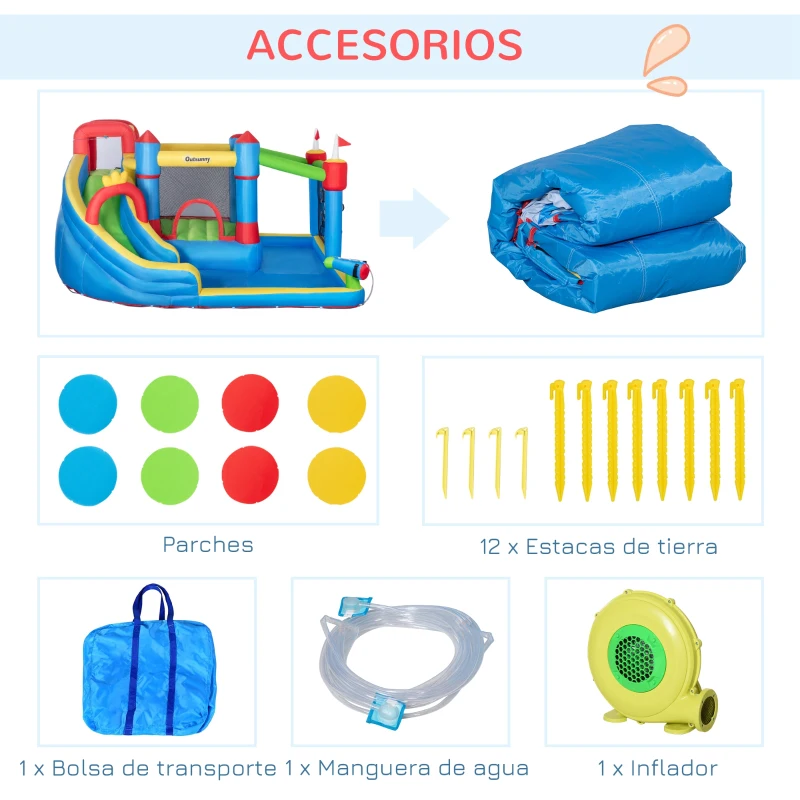 Outsunny Castillo Inflable Infantil con Tobogán Cama de Salto Piscina Muro de Escalada Inflador 390x300x197 cm Multicolor