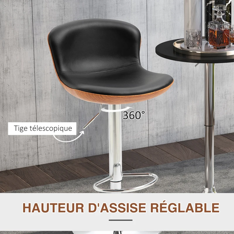 HOMCOM Lot de 2 Tabouret de Bar Design Contemporain Hauteur d'assise réglable 64-85 cm pivotant 360° revêtement synthétique Noir Imitation Bois