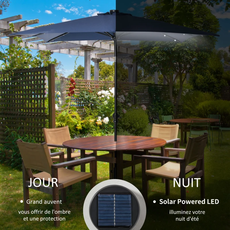 Outsunny Parasol de jardin Parasol droit 3 x 2 m lumineux rectangulaire inclinable avec LED solaire acier polyester haute densité bleu