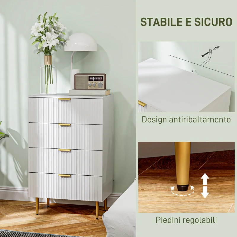 HOMCOM Cassettiera 4 Cassetti Moderna con Maniglie Dorate, 60x40x96 cm, Bianco