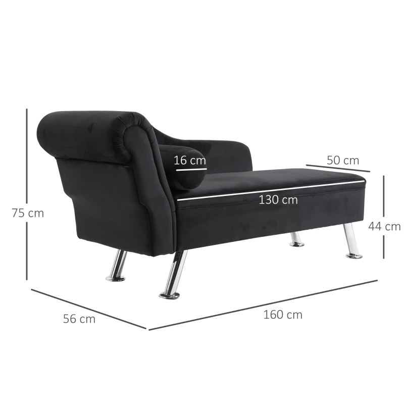 HOMCOM Chaise Longue Divano con Cuscino Rotondo in Flanella 160 x 56 x 75cm Nero