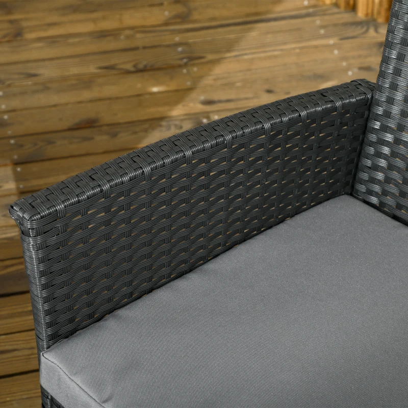 Outsunny Salotto da Esterno Rattan PE con Divanetto, 2 Poltrone con Cuscini e Tavolino in Vetro, Nero e Grigio