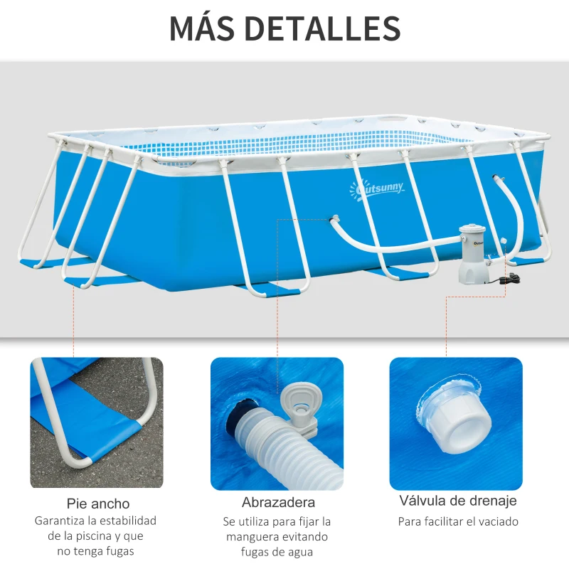 Outsunny Piscina Desmontable Tubular 340x215x80 cm Piscina Rectangular de Exterior con Depuradora de Cartucho 4.000 L/H Mangueras Longitud 100 cm y Marco de Acero 4200 L Azul