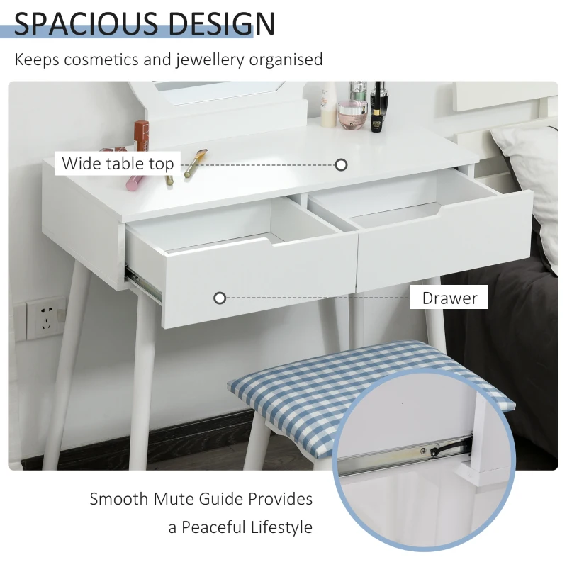 HOMCOM Dressing Table & Stool Set w/ Drawers Mirror Modern Elegant Vanity Makeup Padded Seat Home Bedroom Beauty Furniture White