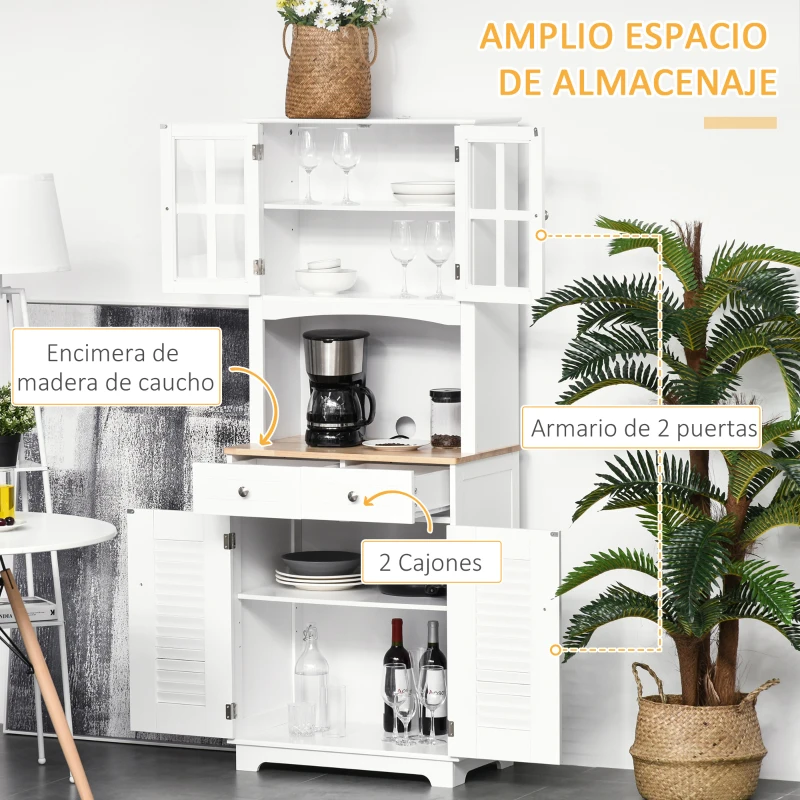 HOMCOM Armario de Cocina Aparador de Comedor con 2 Cajones Estantes Ajustables y Antivuelco 68x39,5x170 cm Blanco