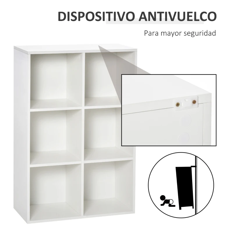 HOMCOM Estantería para Libros Estantes de Madera de 3 Niveles con 6 Cubos de Almacenaje para Sala de Estar Dormitorio Oficina 65,5x30x97,5 cm Blanco