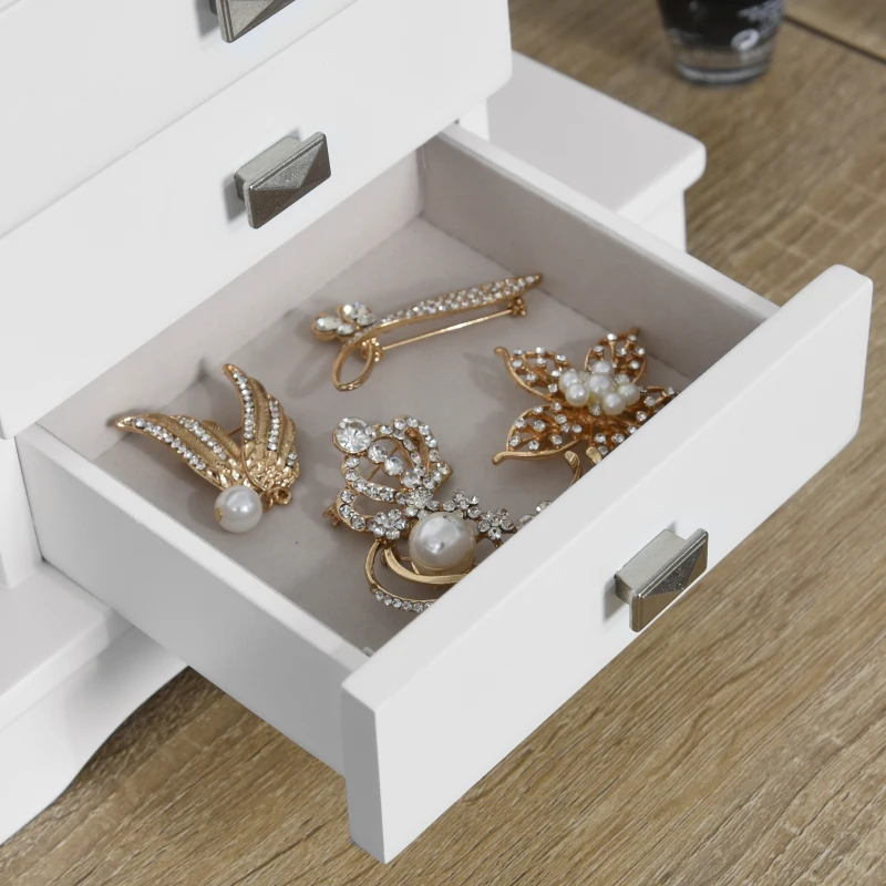 HOMCOM Boîte à bijoux Coffre à Bijoux avec Miroir - 5 tiroirs coulissants, 2 Compartiments latéraux avec Crochets, Rangement Haut à bagues verrouillable - Blanc
