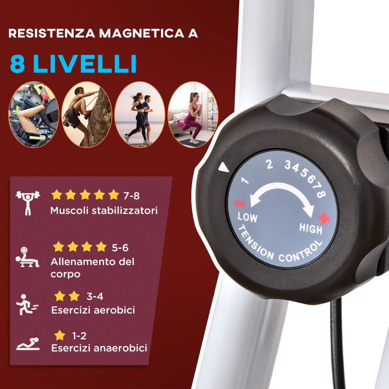 HOMCOM Cyclette Pieghevole da Fitness in Acciaio, Cyclette Magnetica Pieghevole da Casa con Altezza Regolabile, Resistenza Magnetica a 8 Livelli, Schermo LCD, 43x97x109cm, Rosso