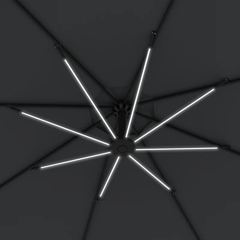 Outsunny 3(m) Cantilever Parasol with Solar LED Lights, Garden Umbrella with Cross Base and Crank Handle, Hanging Offset Banana Sun Shade for Outdoor, Patio, Grey