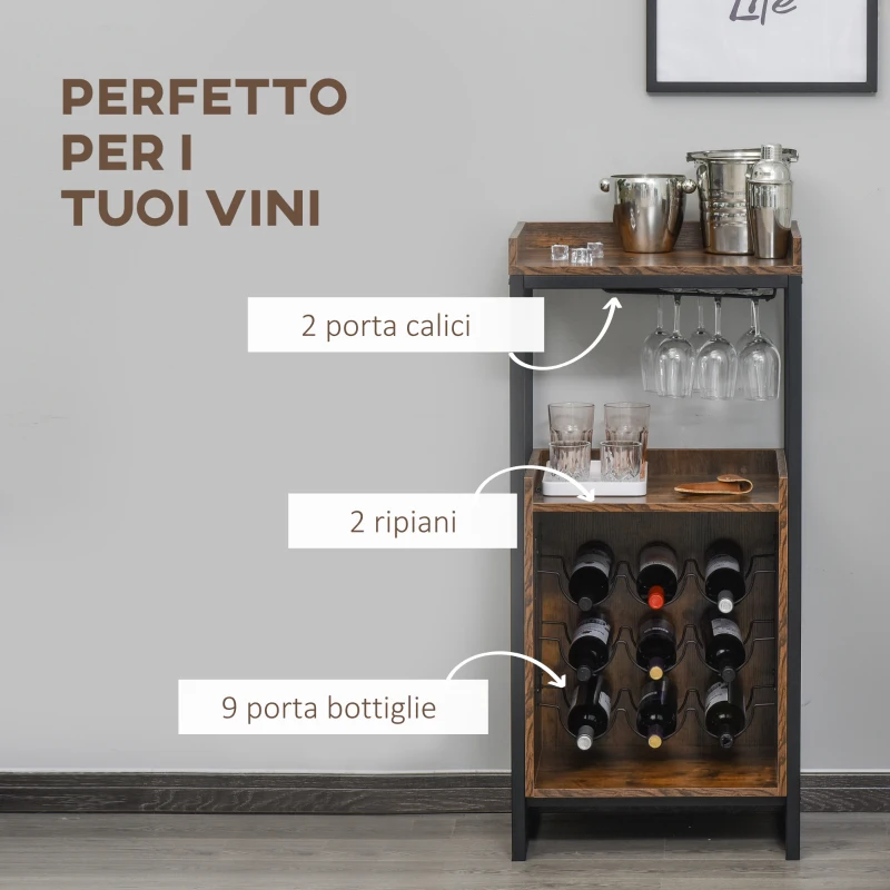 HOMCOM Mobile Portabottiglie Stile Industriale con Cantinetta Vini per 9 Bottiglie e Portacalici, Marrone