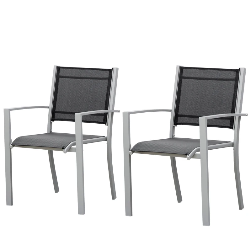 Outsunny Garden Chairs Set Of 2 Outdoor Chairs with Steel Frame Texteline Seats for Dining Patio Balcony Grey and Black