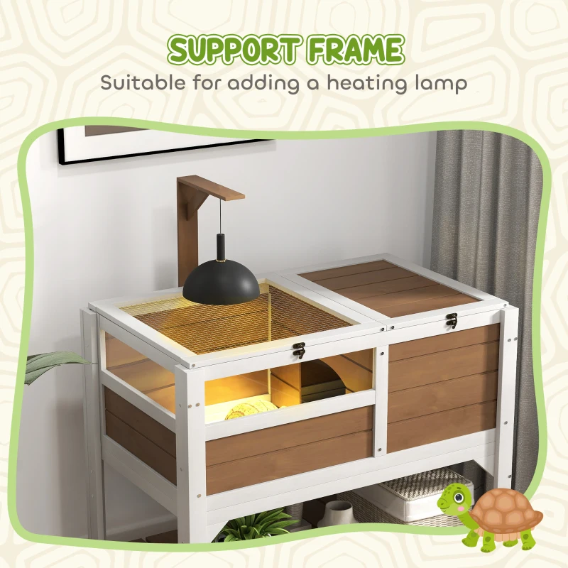 PawHut Wooden Tortoise House, with Shelter, Run, Shelf, Lamp Holder, Tray