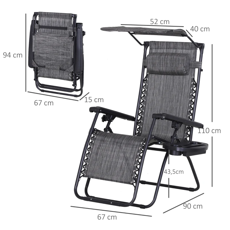 Outsunny Chaise Longue Pliable de Jardin Bain de Soleil zéro gravité Pare-Soleil et Dossier réglable Plateau Porte gobelet Accessoires Metal textilène Gris chiné