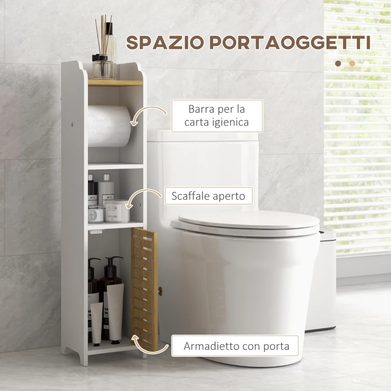 kleankin Mobiletto Bagno Salvaspazio in Truciolato con Ripiani e Armadietto Inferiore, 18x20x90 cm, Bianco