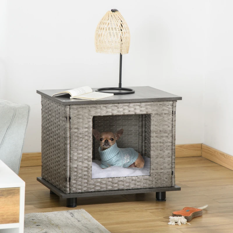 PawHut Wicker Dog House, Rattan Pet Bed, Cat House, End Table Furniture, with Soft Cushion, Adjustable Feet, for X-Small Dogs Grey, 60 x 44 x 51.5 cm