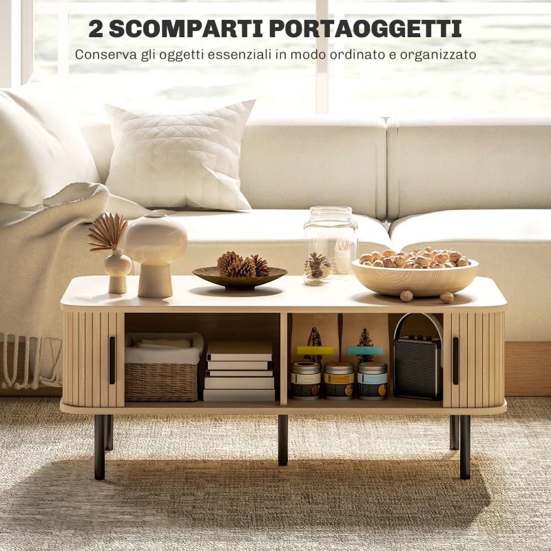 HOMCOM Tavolino da Caffè con 2 Ripiani Portaoggetti e Ante Scorrevoli, in Legno e Acciaio, 100x55x40 cm, Nero e Rovere