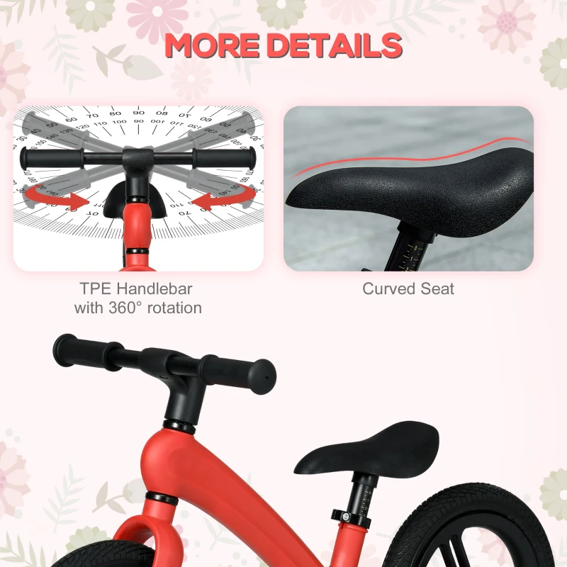 AIYAPLAY 12" Balance Bike, Lightweight No-Pedal Training Bike for Children with Adjustable Seat, Rubber Wheels - Red