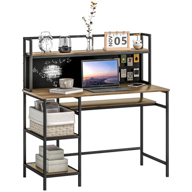 HOMCOM Bureau avec rangement bureau informatique bureau d'ordinateur avec 4 étagères, grand plateau et panneau noir, marron