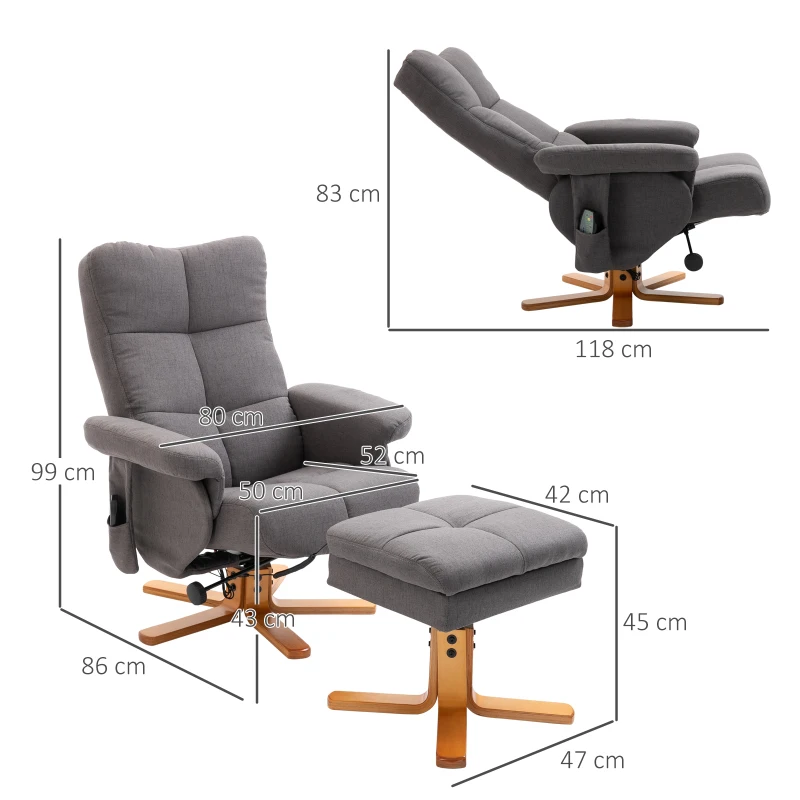 HOMCOM Fauteuil relaxant avec repose-pieds, espace de rangement, fauteuil de massage électrique avec fonction de couchage, fauteuil de télévision pivotant avec poche latérale, télécommande, cadre en bois, polyester, Gris foncé