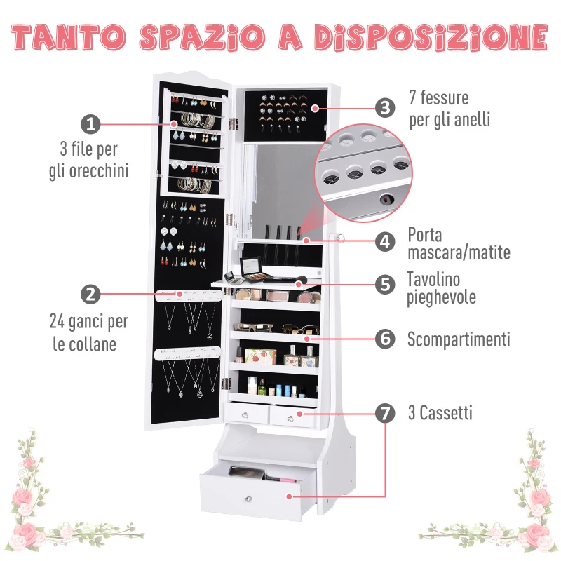 HOMCOM LED Portagioie Armadio per Gioielli con Specchio con Base a Cassettiera cassetto Organizzatore Gioielli e Accessori 45x36x150 cm