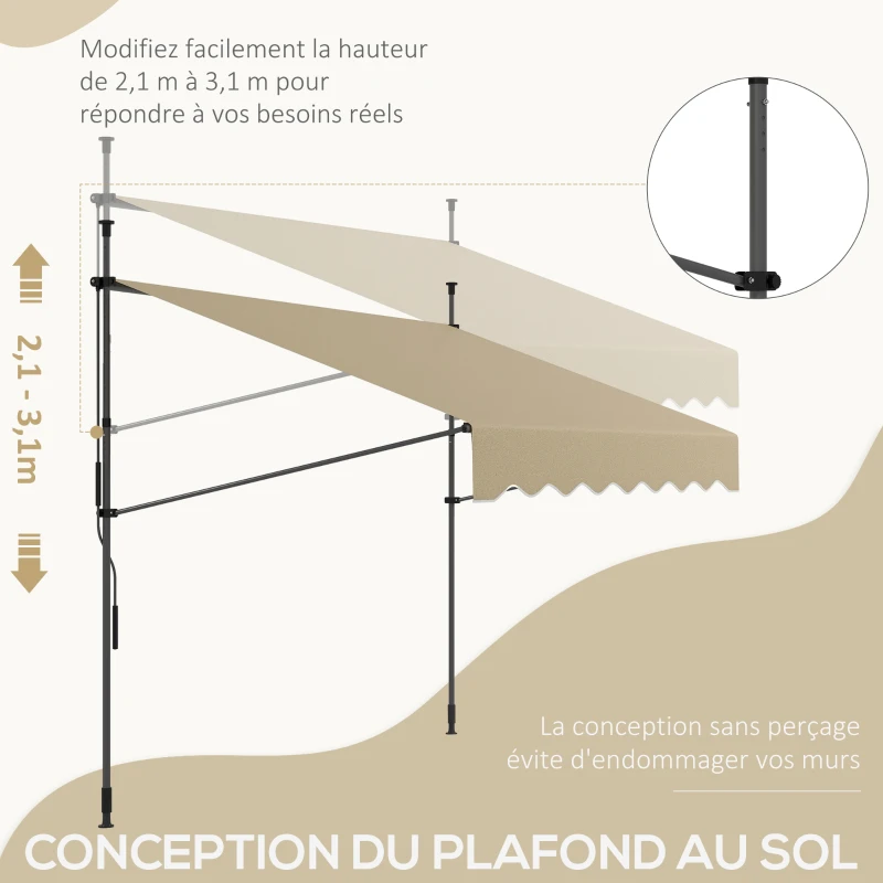 Outsunny Store banne manuel rétractable inclinaison réglable installation rapide  sans trous à percer 3 x 1,5 x 3,1 m