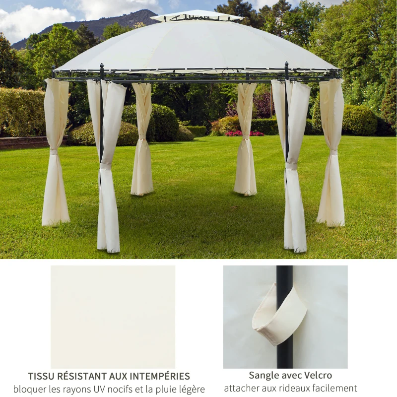 Outsunny Tonnelle pavillon de jardin rond dim. Ø 3,5L x 2,75H m double toit 6 rideaux latéraux polyester crème métal époxy noir