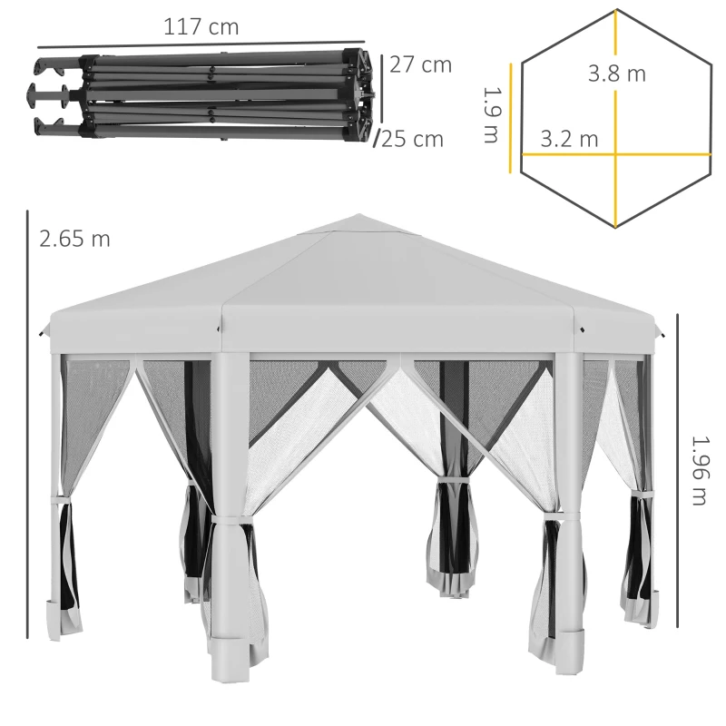 Outsunny 3.2m Pop Up Gazebo Hexagonal Canopy Tent Outdoor Sun Protection with Mesh Sidewalls, Handy Bag, Light Grey
