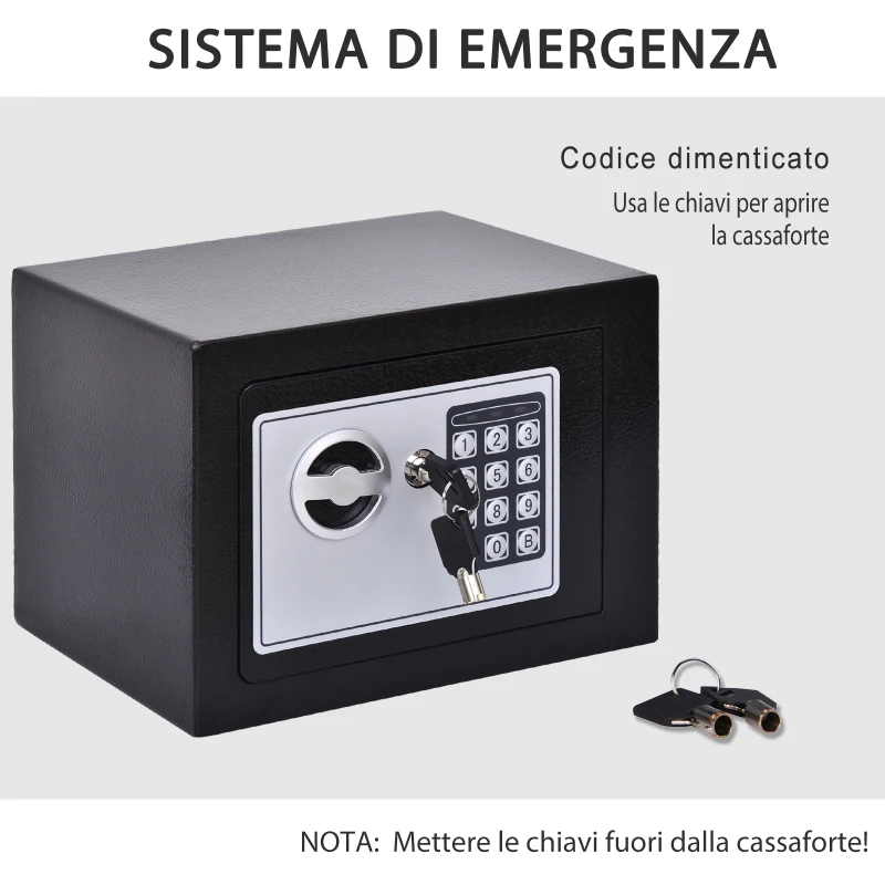 HOMCOM Mini Cassaforte Elettronica con Combinazione e Chiavi di Emergenza, in Acciaio con Fissaggio a Muro, 23x17x17cm Nero