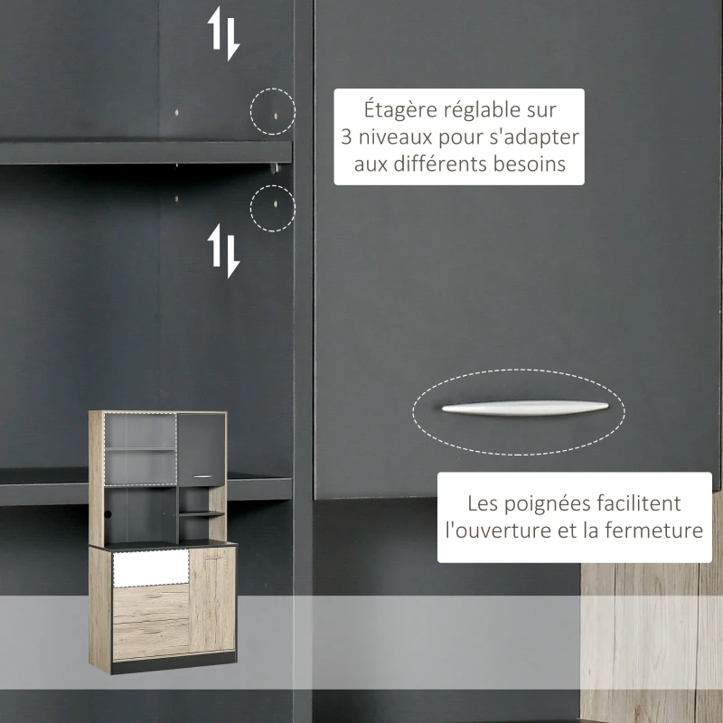 HOMCOM Buffet de cuisine armoire de cuisine multi-rangements 2 portes 3 tiroirs 3 étagères + grand plateau 90L x 39l x 169H cm bicolore chêne clair gris