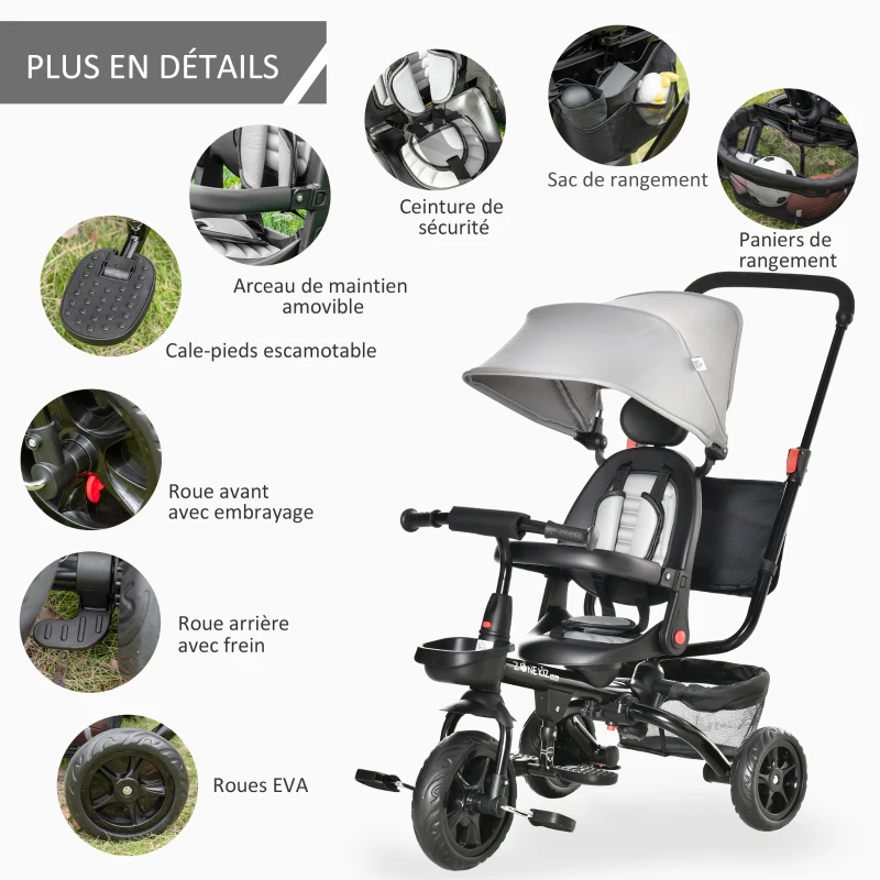 HOMCOM Tricycle Enfant évolutif Pliable - Pare-Soleil, Canne télescopique Amovible - siège pivotant, Harnais, Arceau sécurité - Repose-Pied - 3 paniers Rangement - métal PP Gris Noir
