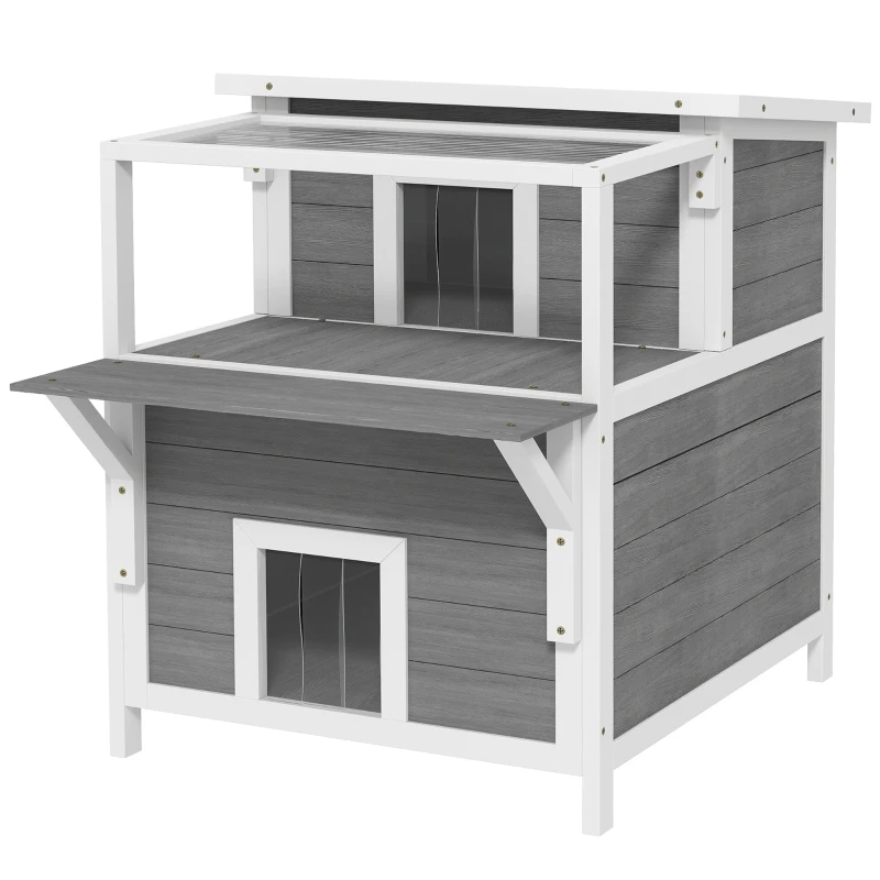 PawHut Caseta para Gatos de Madera de 2 Niveles con Techo Asfáltico Ventana y Puerta con Cortina 64x87x76 cm Gris Claro