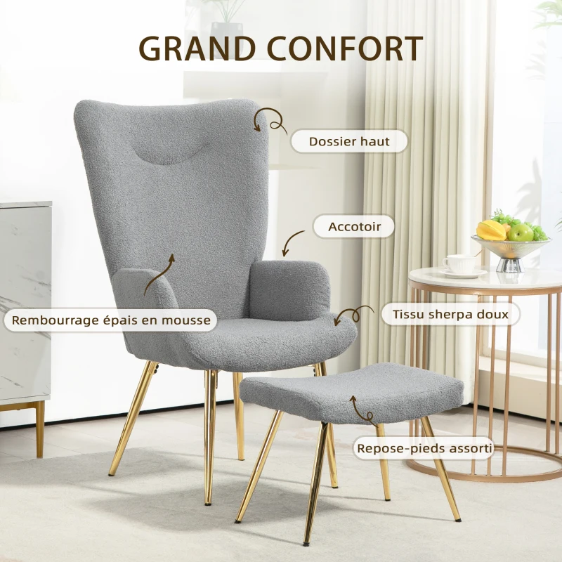 HOMCOM Ensemble fauteuil avec repose-pieds, tissu bouclette gris et pieds en métal doré, dossier haut, grand confort