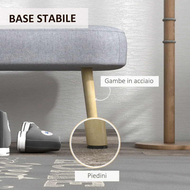 HOMCOM Panca Imbottita Fondo Letto in Tessuto con Gambe in Acciaio Effetto Legno, 114x38x45cm, Grigio