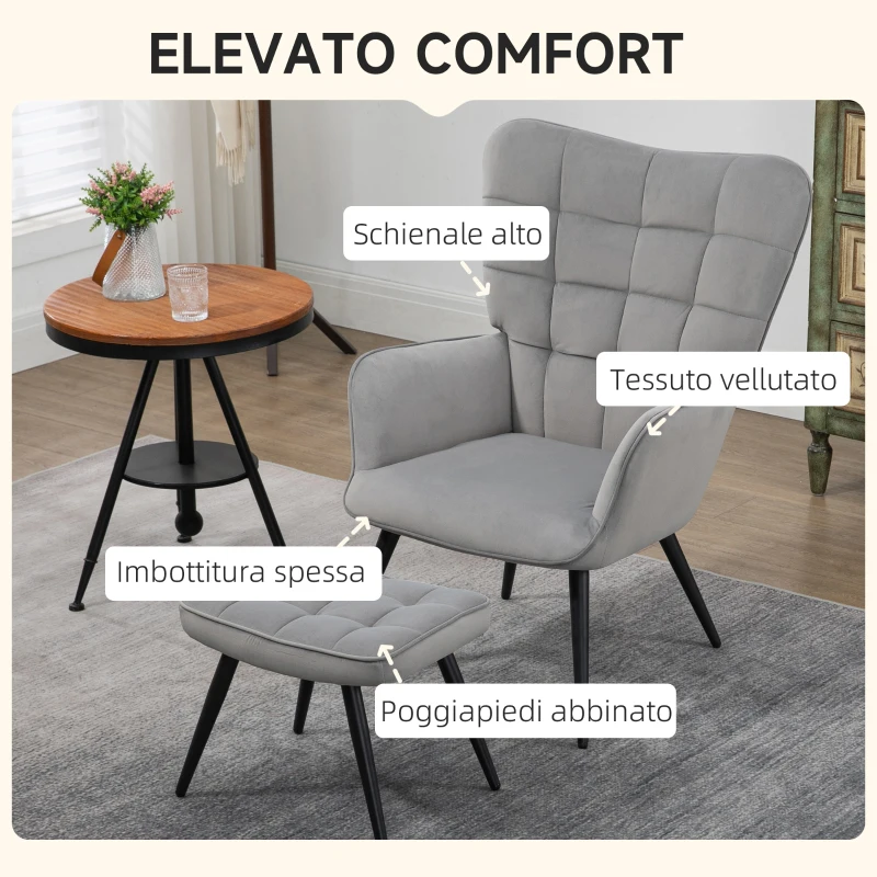 HOMCOM Poltrona D'Arredo Imbottita con Braccioli e Poggiapiedi Integrato in Tessuto Effetto Velluto Grigio Chiaro