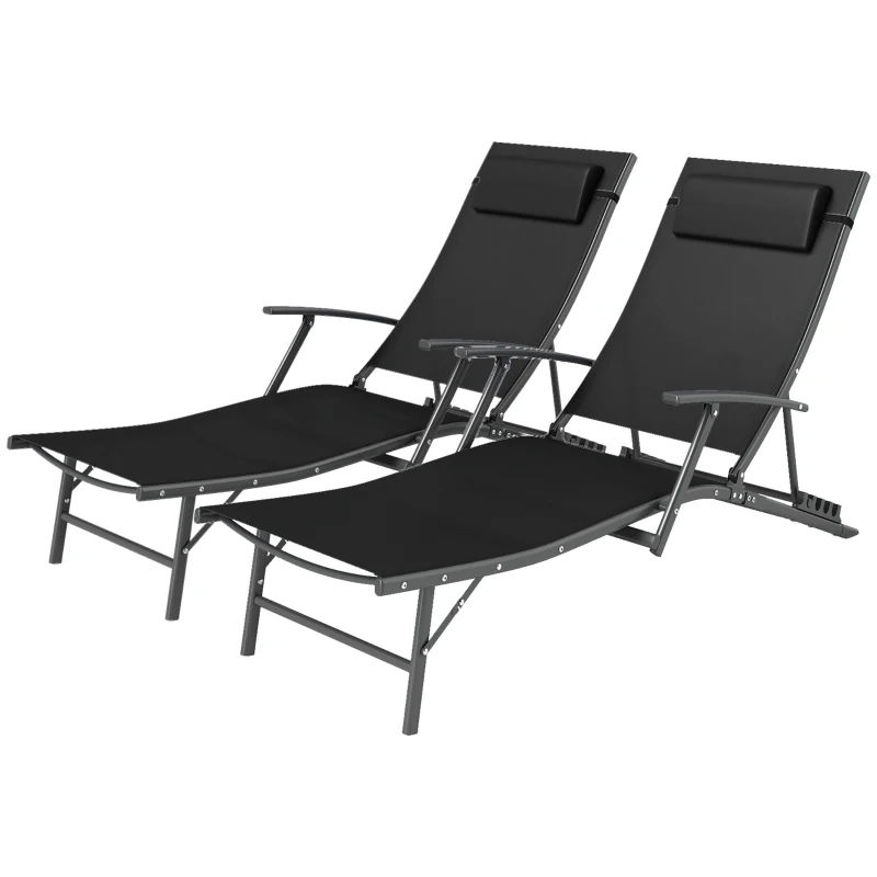 Outsunny Set of Two Adjustable Back Sun Loungers - Black
