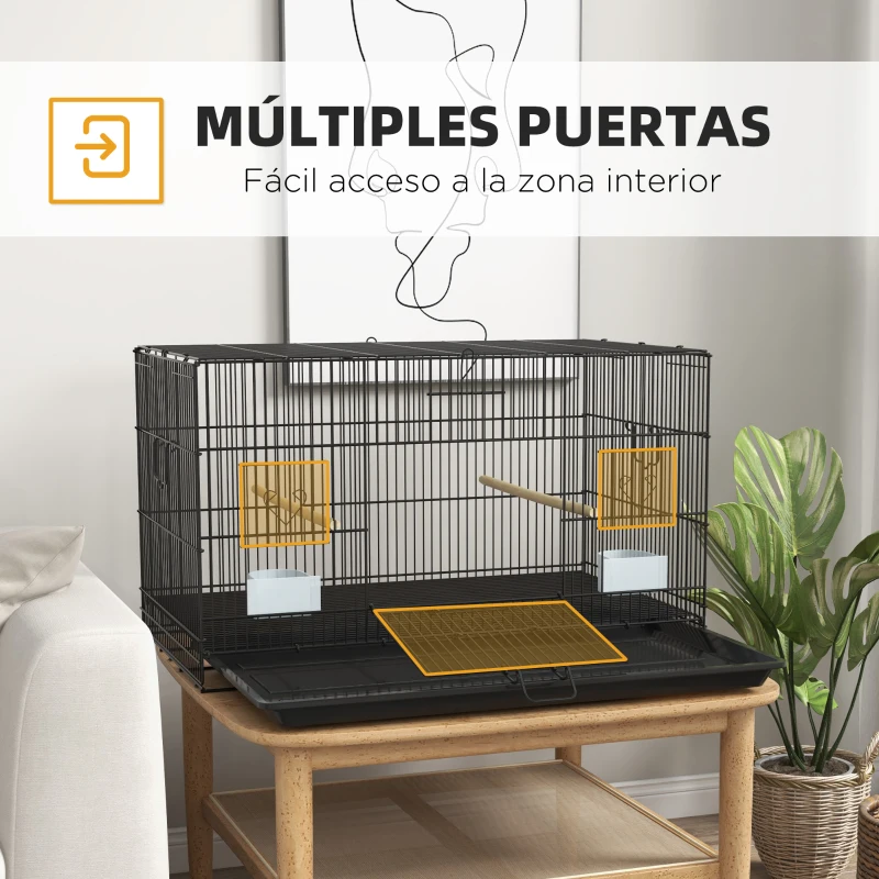 PawHut Jaula para Pájaros 77x46x45 cm Jaula Metálica para Aves con Bandeja Extraíble 2 Perchas 2 Comederos 2 Perchas Negro