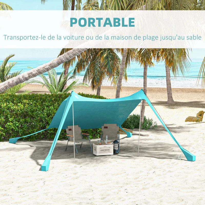 Outsunny Tente de plage, abri solaire de camping, bâche avec 2 poteaux, auvent d'ombrage extérieur - dim. 215L x 200l x 200H cm
