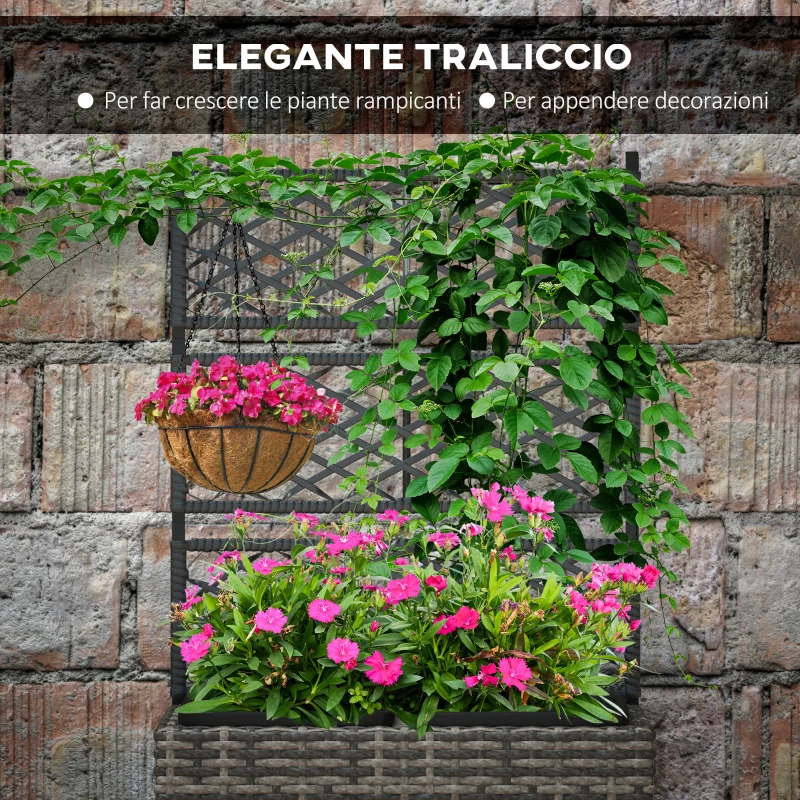 Outsunny Fioriera con Grigliato per Rampicanti con 2 Vasi in Acciaio e Rattan PE, 57x30x107cm, Grigio
