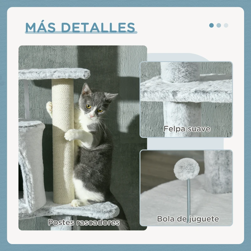 PawHut Árbol Rascador para Gatos de Suelo a Techo Ajustable Altura con Cueva Hamaca y Postes Rascadores Ø60x225-255 cm Gris