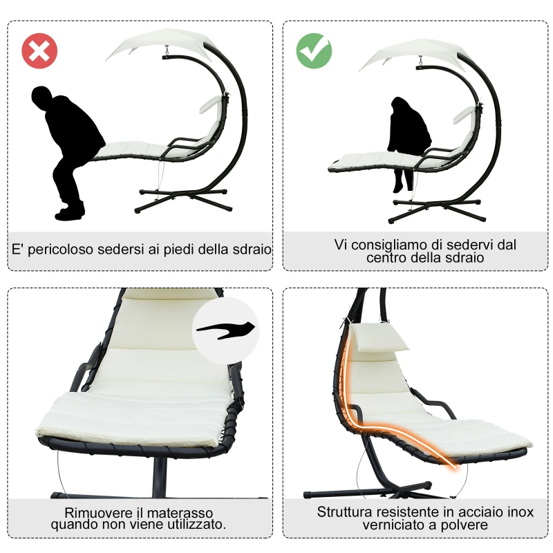 Outsunny Sdraio Sospesa da Giardino, Lettino Sospeso Imbottito per Esterno con Tettuccio, Crema 190x115x190cm